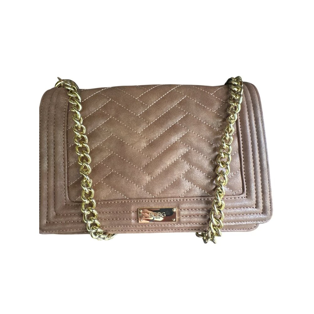 BCBG Quilted Brown Faux Suede Crossbody Bag With Gold Tone Chain Strap